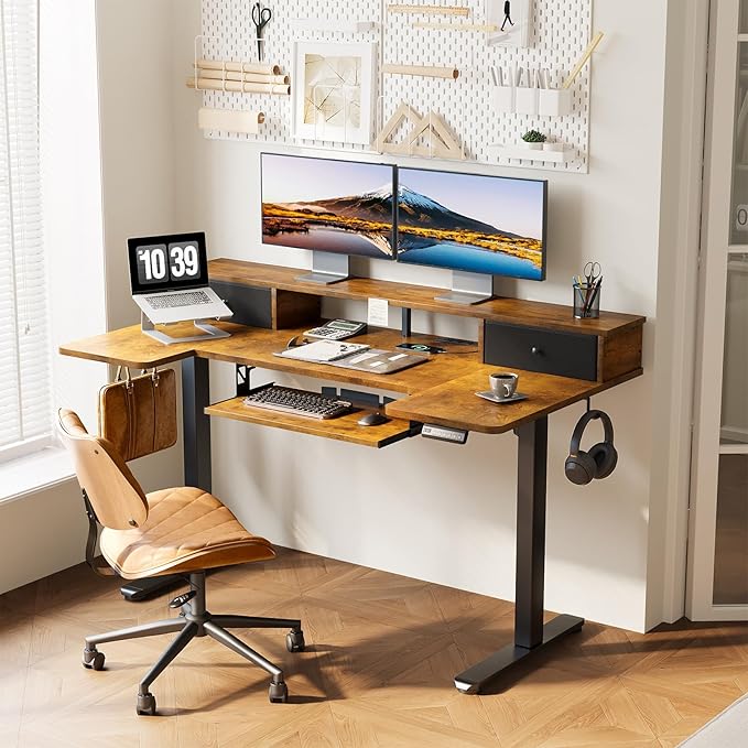 OffiGo U Shaped Electric Standing Desk with Drawers, 55 Inch Height Adjustable Desk with Keyboard Tray ＆ Ergonomic Monitor Stand, Sit Stand Table with Power Outlets for Home, Office, Rustic Brown