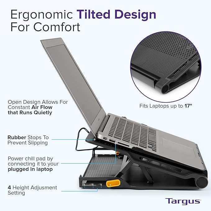 Targus 17" Dual Fan Laptop Chill Mat Plus, Ergonomic Cooling Pad, Heat Protection, 4-Port USB Hub Laptop Fan, (AWE81US)