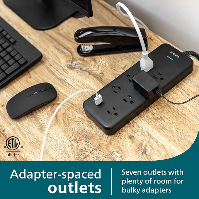 Philips 7-Outlet Adapter Spaced Surge Protector, 4ft Braided Cord, Power Strip with USB Charging, for Home School and Office, 1USB-A, 1USB-C, 1500J, Black, SPP9643B/37