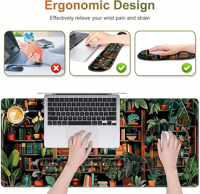 Mouse Pad with Wrist Support 4 in1 Set, XXL Big Game Mousepad + Keyboard Wrist Rest + Mouse Wrist Rest Pad +Coaster Gaming Mat for Home Office Work Computer Laptop PC I Green Vine Book Forest