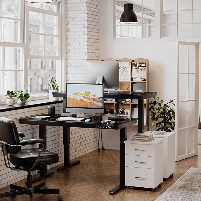 BANTI Electric Standing Desk with Drawers, 55 inch Whole-Piece Glass Desktop, Height Adjustable Stand up Sit Stand Home Office Ergonomic Workstation, Black Tabletop