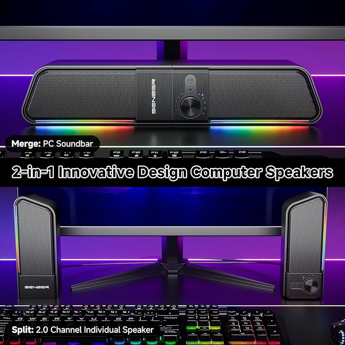 SENZER CS20 2 in 1 Bluetooth Computer Speakers for Desktop, USB Plug & Play Clear Sound PC Speakers with RGB Light, Monitor Sound Bar with Volume Knob, Gaming Speaker for PC Laptop Phone Tablet