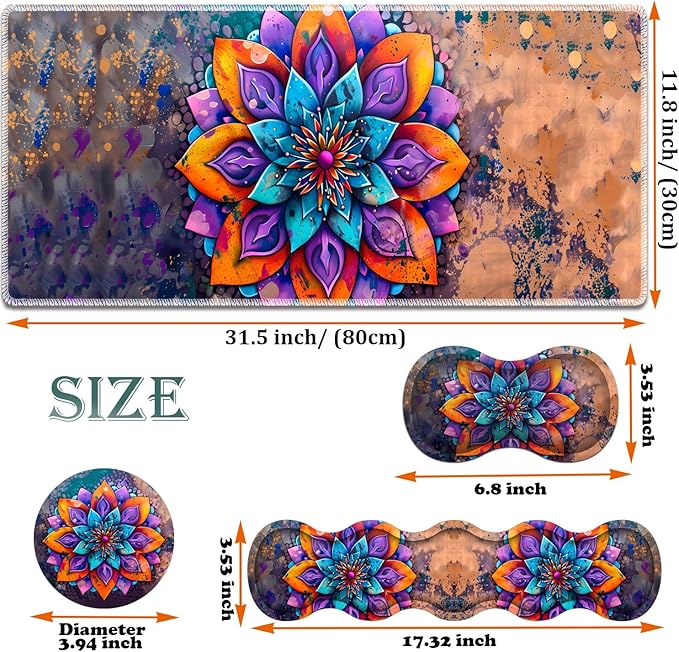 Large Gaming Mouse Pad + Keyboard Wrist Rest + Wrist Support + Coaster Set, Memory Foam Ergonomic for Easy Typing, XXL Extended Gaming Mouse Pad Table Pad - Mandala Flower