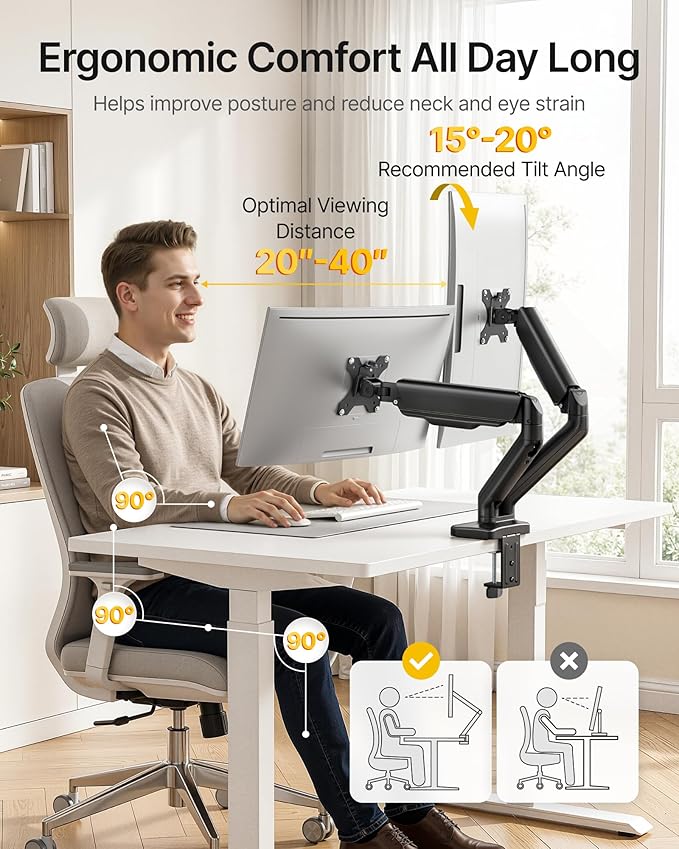 monTEK Dual Monitor Mount Fits 17-32 Inch Screens Holds 19.8lbs, Fully Adjustable Dual Monitor Arm, with Clamp/Grommet, Cable Management, Quick Release Plate, VESA 75/100mm