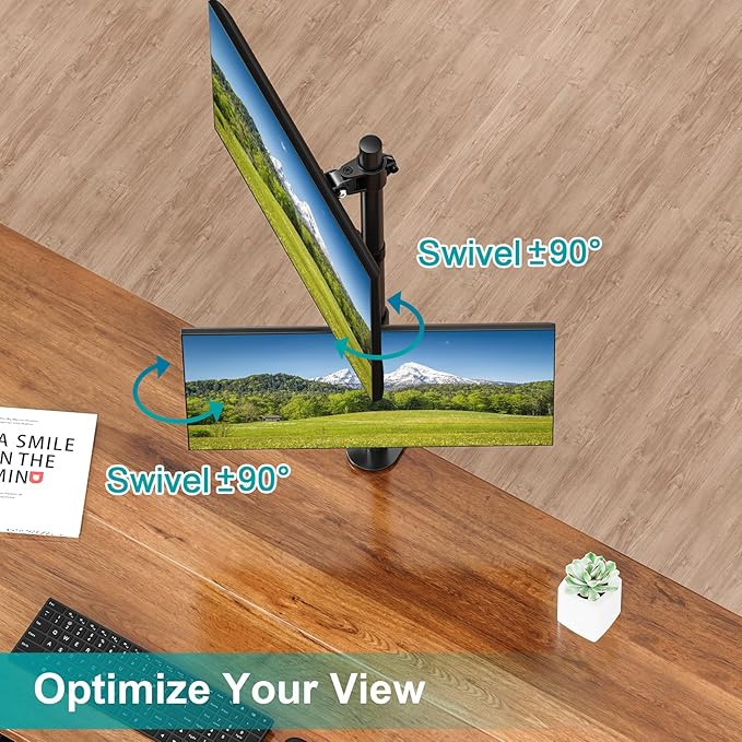 Vertical Dual Monitor Stand for 2 Max 32 inch Stack Screen Monitors, Stacked Monitor Mount with Swivel, Tilt, Height Adjustable, Computer Monitor Arm Holds up to 17.6 lbs Each