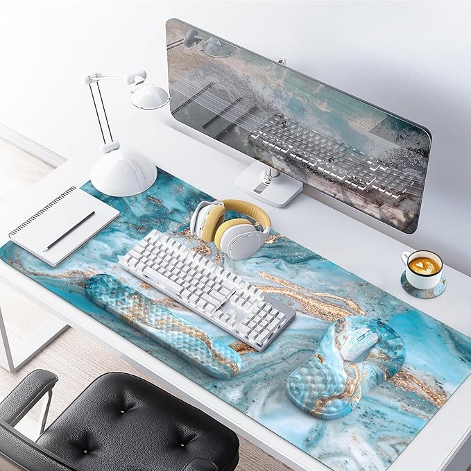 Desk Mat for Keyboard and Mouse, Large Mouse Pad with Wrist Rest and Keyboard Pad, 4PCS Carpal Tunnel Keyboard Wrist Support, Computer Mousepad for Laptop, Teal Blue Turquoise Marble