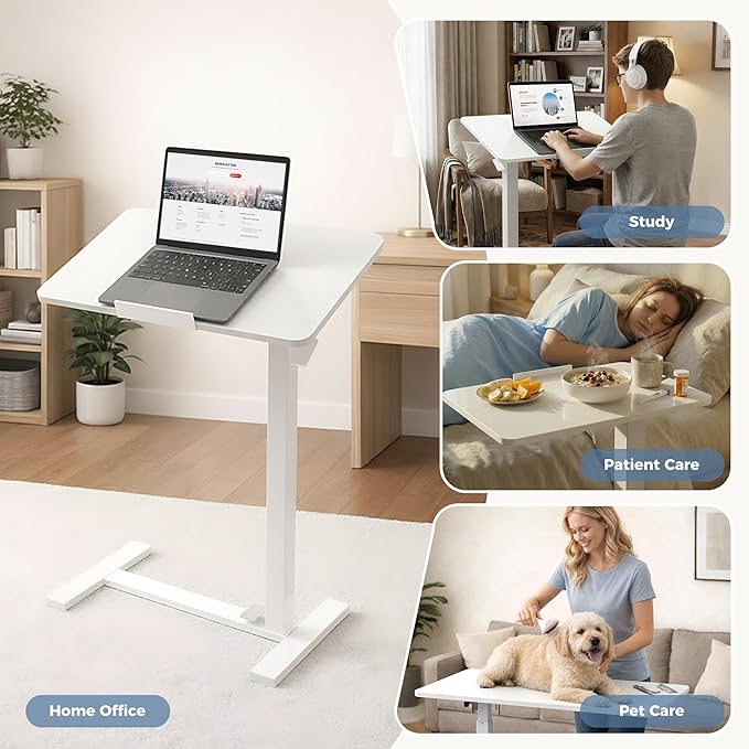 DUMOS Mobile Standing Desk, Height Adjustable Laptop Desk with Pneumatic Lift, Portable Computer Workstation Cart for Bed, Couch, Office, Sofa, White
