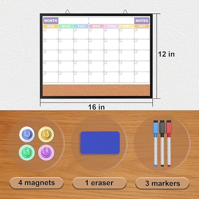 Monthly Calendar Dry Erase Board 16x12 Inch, Double-Sided Whiteboard and Corkboard Combo with Black Aluminum Frame (Color Calendar), Wall Mounted Organizer with Markers, Magnets, Push Pins, Eraser