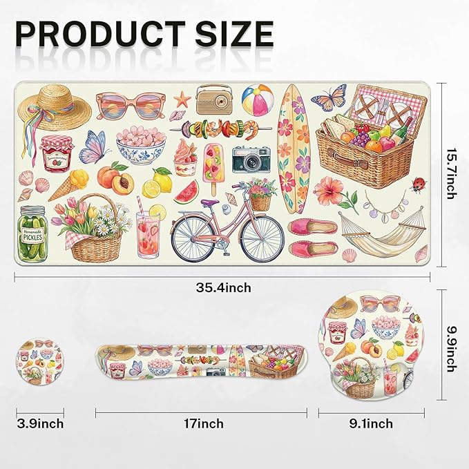 Arttown Tropical Fruit Desk Mat Floral Colorful Mouse Pad Set 4 in 1 Ergonomic Design Large Mouse Pad + Keyboard Wrist Rest + Mouse Wrist Rest + Coaster Suitable for Home Office Study Game