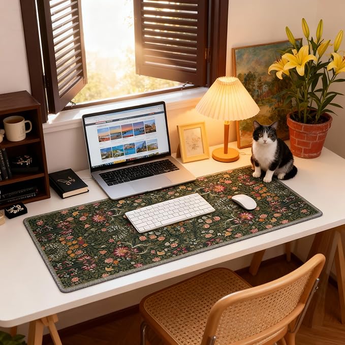 Dark Green Floral XXL Desk Mat, Extra Large Mouse Pad with Anti-Slip Base & Stitched Edges for Women, Aesthetic Desk Pad for Home Office Computer, Keyboard Mat Office Supplies Decor