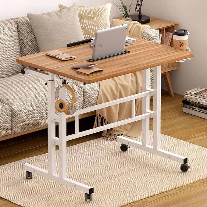 SogesPower 2 Platforms Mobile Laptop Desk Adjustable Side Table Computer Stand for Bed Sofa,Mobile Standing Desk with Cup Holder and Hooks,Oak