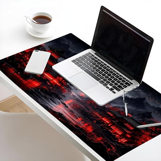 HVEST Japanese Gaming Mouse Pad, Black and Red Full Moon Large Mousepad,Laptop Computer Keyboard Mat with Non-Slip Rubber Base and Stitched Edge for Game, Office, Home 31.5'' x 15.7''