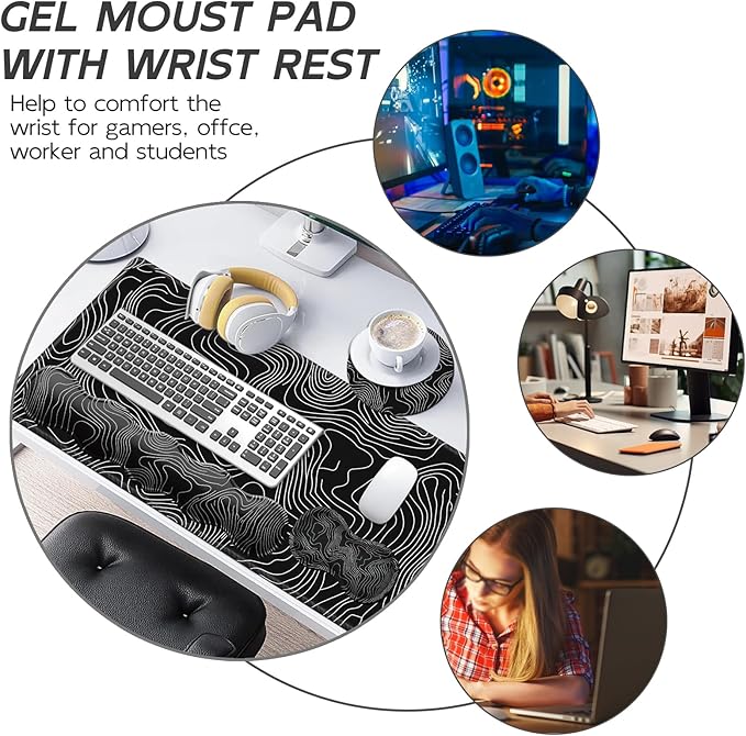 Gaming Mouse Pad Set, Map Lines Vector Large Desk Mat Mousepad, Keyboard Wrist Support, Mouse Wrist Rest, Coaster 4in1 Ergonomic Memory Foam, Non-Slip Stitched Edge for Home Office