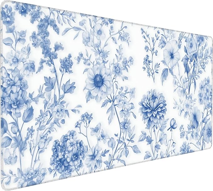 Floral Aesthetic Dahlia Gaming Mouse Pad, White Blue Chinoiserie Desk Mat with Anti-Slip Base & Stitched Edges,35.4" x 15.7" in Table Mat for Computer Desktop, Beautiful Workstation Decor