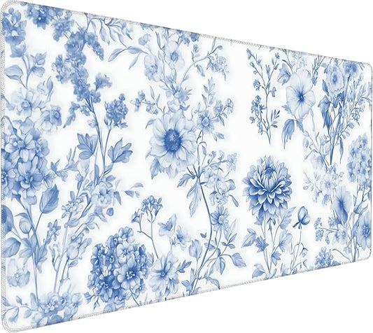 Floral Aesthetic Dahlia Gaming Mouse Pad, White Blue Chinoiserie Desk Mat with Anti-Slip Base & Stitched Edges,35.4" x 15.7" in Table Mat for Computer Desktop, Beautiful Workstation Decor
