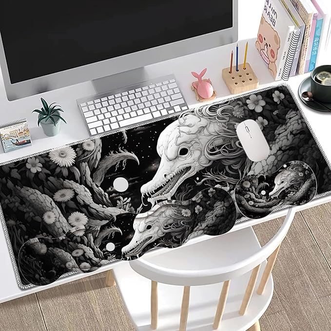 Large Gaming Mouse Pad + Keyboard Wrist Rest + Wrist Support + Coaster Set, Memory Foam Ergonomic for Easy Typing, XXL Extended Gaming Mouse Pad Table Pad - Black Snake