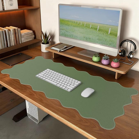 iCasso Leather Mouse Pad,Extra Large Desk Pad with Stitched Edges,Cute Scalloped Computer Mat for Desktop,Non-Slip Nail Mats Green,Waterproof Desk Protector for Office Home School