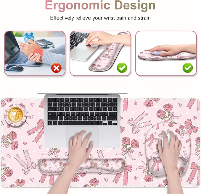 Pink Mouse Pad with Wrist Support 4 in1 Set, XXL Big Game Mousepad + Keyboard Wrist Rest + Mouse Wrist Rest Pad +Coaster Gaming Mat for Home Office Work Computer Laptop PC I Sweet Rose & Heart Bow
