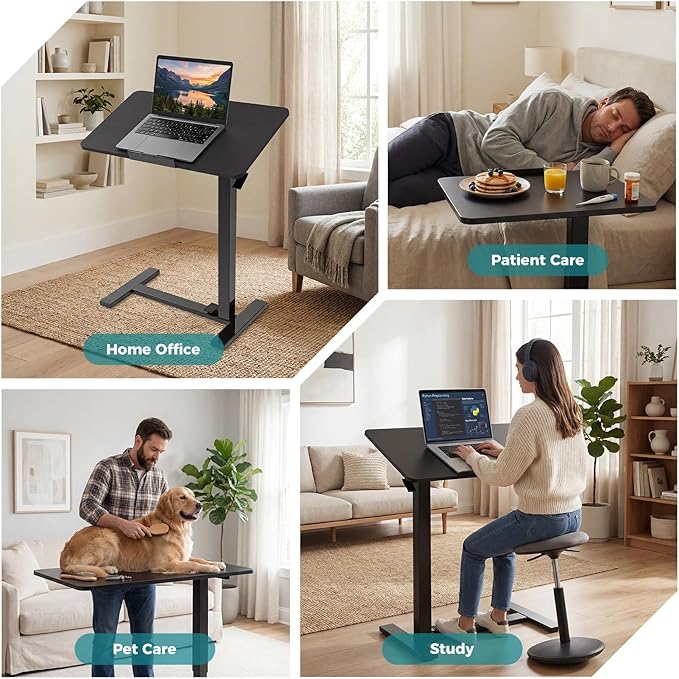 OLIXIS Mobile Standing Desk, Height-Adjustable Computer Cart with Pneumatic Lift, Portable Computer Workstation Cart for Bed, Couch, Office, Sofa, Black