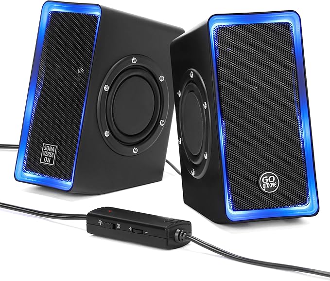GOgroove Gaming Computer Speakers with Blue LED Light - SonaVERSE O2i Speakers for Desktop, Laptop, PC - USB Speaker 2.0 with AUX Input, in-Line Volume Control, Bass Stereo Sound, 14W (Black)