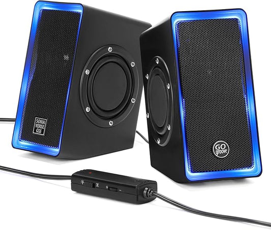 GOgroove Gaming Computer Speakers with Blue LED Light - SonaVERSE O2i Speakers for Desktop, Laptop, PC - USB Speaker 2.0 with AUX Input, in-Line Volume Control, Bass Stereo Sound, 14W (Black)