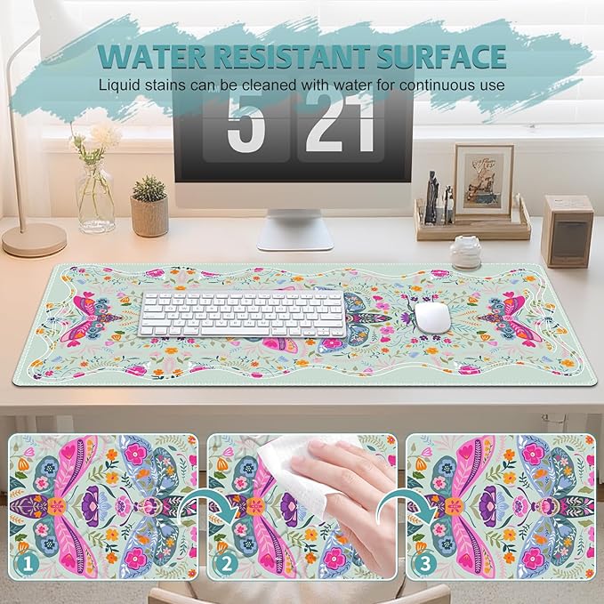 Desk Mat for Keyboard and Mouse, Large Non-Slip Mouse Pad Keyboard Pad, Computer Mats for Desktop, Cute Desk Pad with Stitched Edges for Office, Gaming I Pastel Green Floral Symmetry