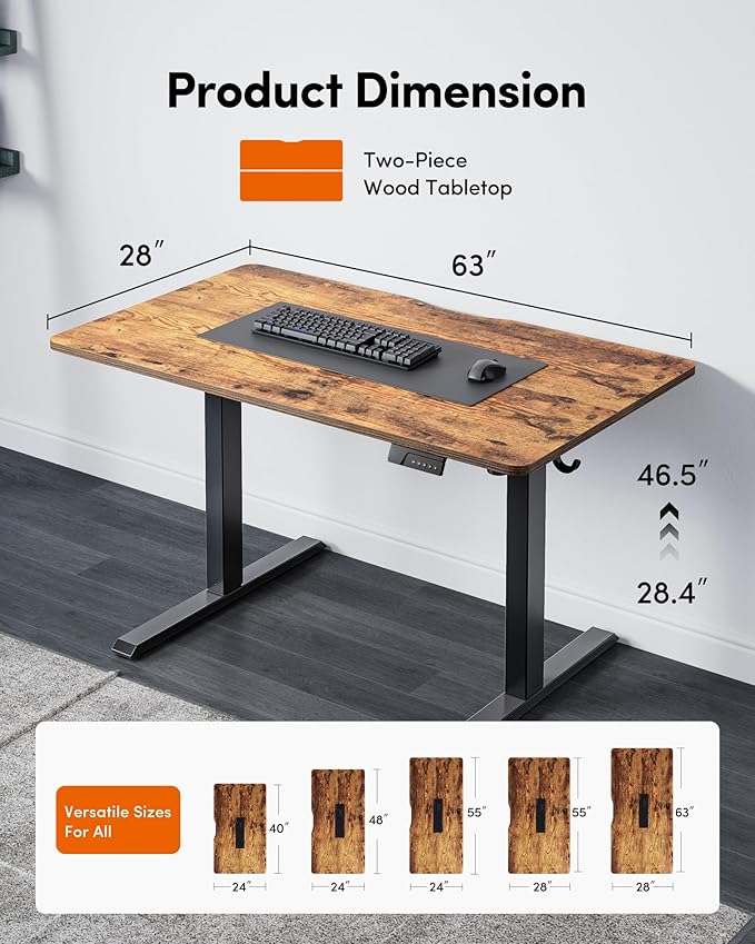 FEZIBO Standing Desk, 63×28 Inches Electric Height Adjustable, Sit Stand Up, Computer Office Desk with Splice Board, Black Frame/Rustic Brown TOP