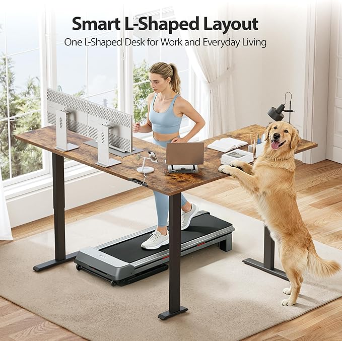 Agilestic L Shaped Standing Desk 63 x 55 Inch, Electric Height Adjustable Corner Sit Stand Desk with Memory Preset Controller, Large L Shaped Computer Desk for Home Office Workstation, Vintage Brown