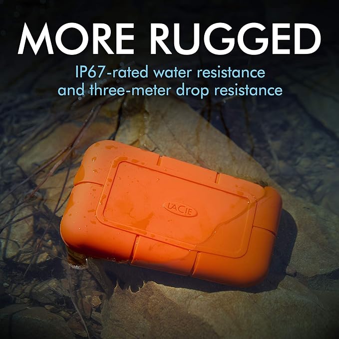 LaCie Rugged SSD 2TB Solid State Drive — USB-C USB 3.2 NVMe speeds up to 1050MB/s, IP67 Water Resistant, 3m Drop resistant, Encryption, 5-year Warranty with Data Recovery, 1 Mo Adobe CC (STHR2000800)
