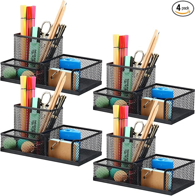 Ferraycle 4 Pcs Mesh Desk Organizer 3 Compartments Mesh Pen Holder Sticky Notes Pencil Holder Metal Caddy Desk Pen Organizer for Desktop Accessories Storage Baskets Home Office School(Black)