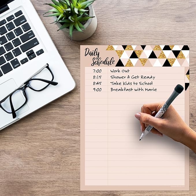 Dry Erase Daily Schedule Planner Sticker Decal by Glassboard Studio | Removable & Reusable | Magnetic Fine-Tip Marker Included (9 x 12 inches, Rose & Gold)
