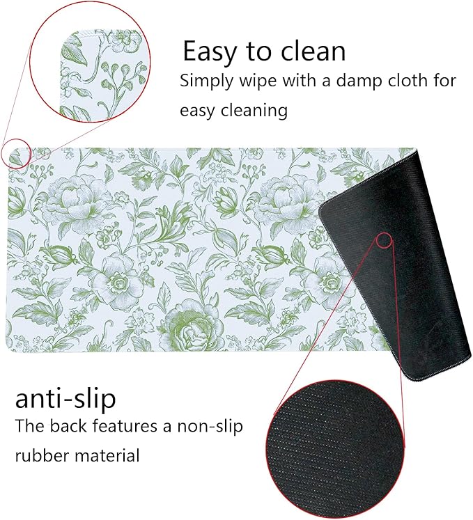 Sage Green Chinoiserie Mouse Pad,Sage Green Floral Desk Mat,XL Large Greens Floral Preppy Trendy Mouse Pad,Girly Gaming Mousepad,Girly Laptop Desk Mat for Dorm Home Office,31.5x11.8 Inch