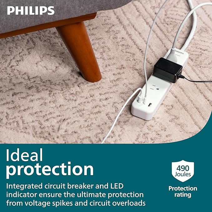 Philips EZFit 3-Outlet Adapter-Spaced Surge Protector, 6ft Braided Cord, Power Strip, Extension Cord with 2 USB-A and 1 USB-C, 490J, White, SPP3863W/37