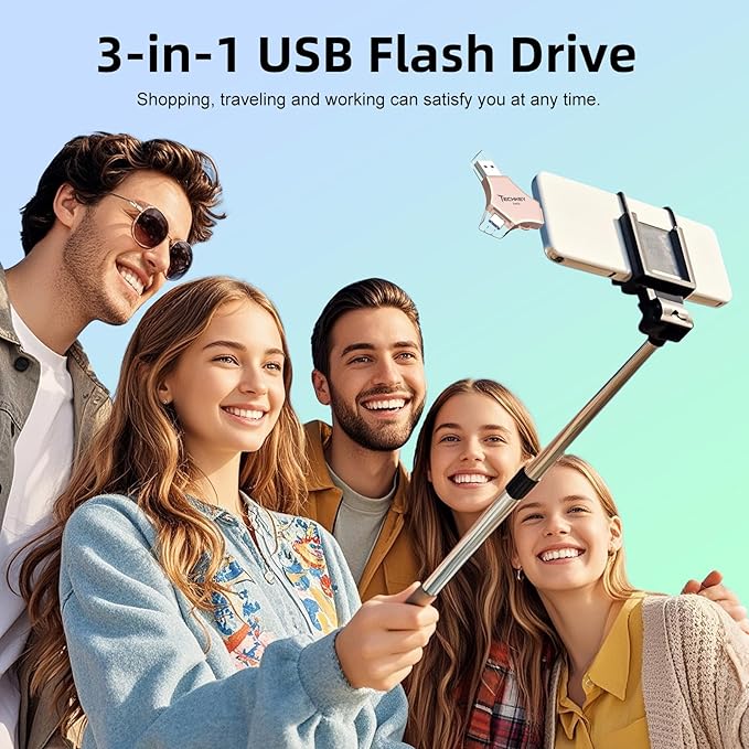 MFi Certified USB 3.0 Flash Drive 256GB for iPhone 3in1 External Memory Photo Keeper Storage Stick for Picture/Video/Data Saver/Backup High Speed Thumb/Jump/Hard Drives for iPad/Android/PC (Rose Pink)