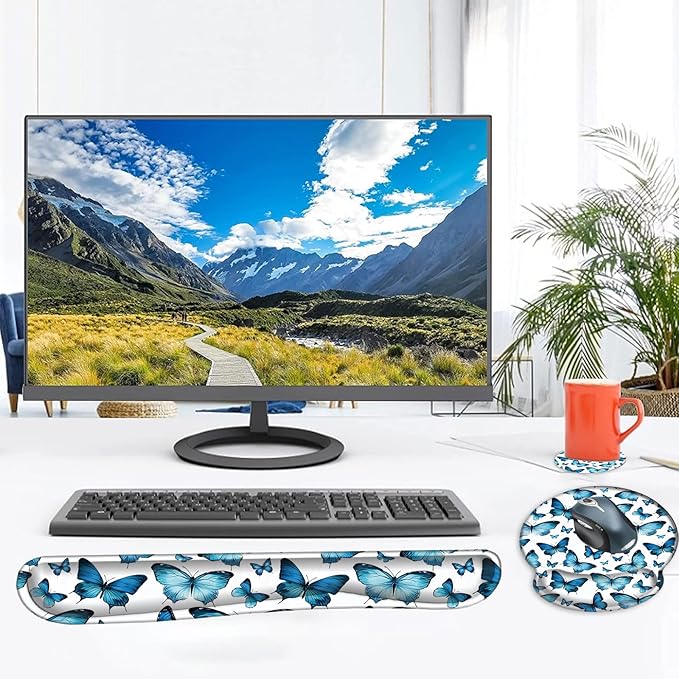 Mouse Pad Wrist Support and Keyboard Wrist Rest Pad with Coaster,Non-Slip Rubber Base Ergonomic Gaming Mousepad for Home Office Working Studying Easy Typing & Pain Relief,Blue Butterflies