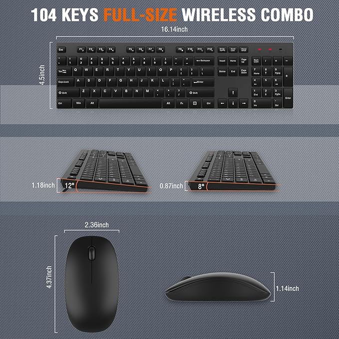 Wireless Keyboard and Mouse Combo, EDJO Silent Full Size Cordless USB Keyboard Mouse, 2.4GHz Lag-Free, Long Battery Life, for Computer, Laptop, PC, Chromebook, Windows (Black, 2 Pack)