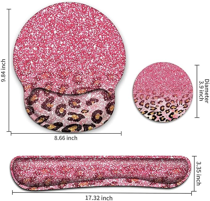 Keyboard Wrist Rest and Mouse Pad with Wrist Support, Ergonomic Mouse Pad Coaster,Easy Typing Pain Relief, Memory Foam Keyboard Mousepad Set, Pink Leopard