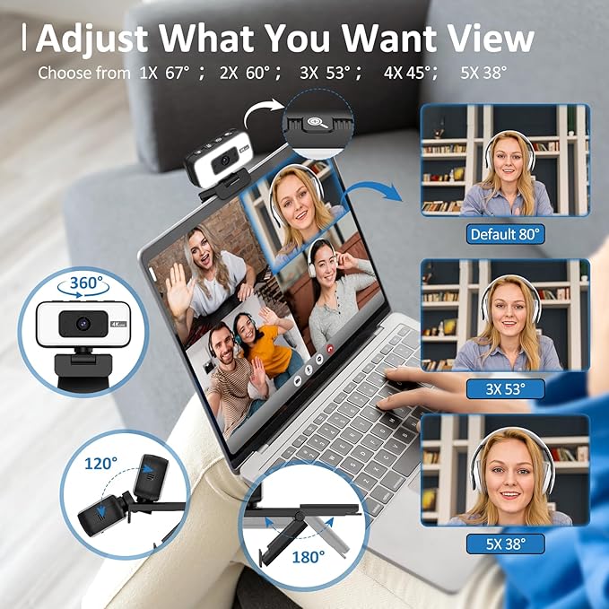 4K Webcam with Light for PC & Laptop & Mac, Computer Camera with AI PDAF AutoFocus, Four Physical Controls Buttons, Adjustable Webcam Light, Privacy Cover for Remote Work