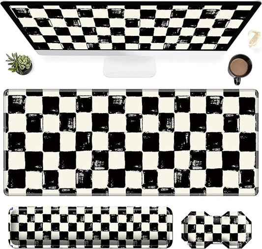 3Pcs Mouse Pad Set, Black White Checkerboard Large Gaming Mouse Pad with Stitched Edge, Ergonomic Memory Foam Keyboard Wrist Support and Mouse Wrist Rest Cushion, Pain Relief Non-Slip Desk Pad Combo