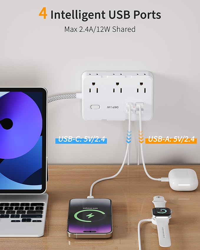 2 Prong to 3 Prong Adapter Power Strip, 10 FT Extension Cord with 6 Outlets & 4 USB Ports (2 USB-C), 1050J Two Prong Surge Protector, Wall Mount - Ideal for Old Houses