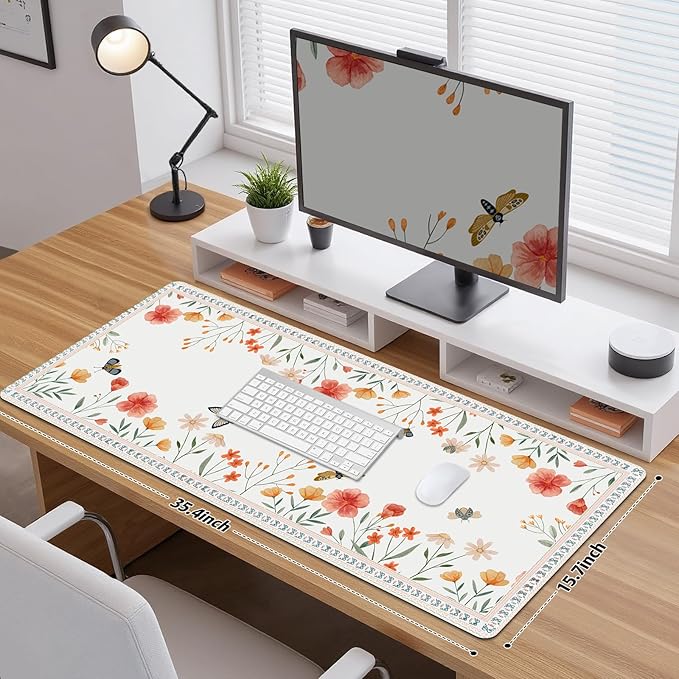 Desk Pad for Keyboard and Mouse, Large Mouse Pad for Desk, Non-Slip Keyboard Mat, Computer Mats for Desk, Cute Desk Pad with Stitched Edges for Office, Gaming I Apricot Butterflies Flowers