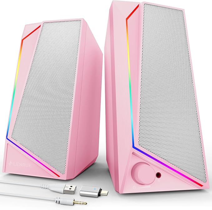 LENRUE Computer Speakers, USB/USB-C Powered PC Speakers with Loud Stereo Sound, Headphone-in for Desktop, Laptop, Monitor (USB-C to USB Adapter Included) (Pink)
