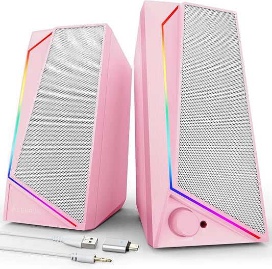 LENRUE Computer Speakers, USB/USB-C Powered PC Speakers with Loud Stereo Sound, Headphone-in for Desktop, Laptop, Monitor (USB-C to USB Adapter Included) (Pink)