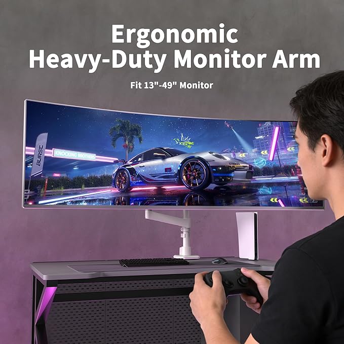 Single Monitor Arm for 17-49 Inch Ultrawide Screens, Single Monitor Mount Heavy Duty up to 44lbs, Adjustable Vertical Stacked Full Motion Single Monitor Arm Desk Mount, 75/100mm VESA Mount, White
