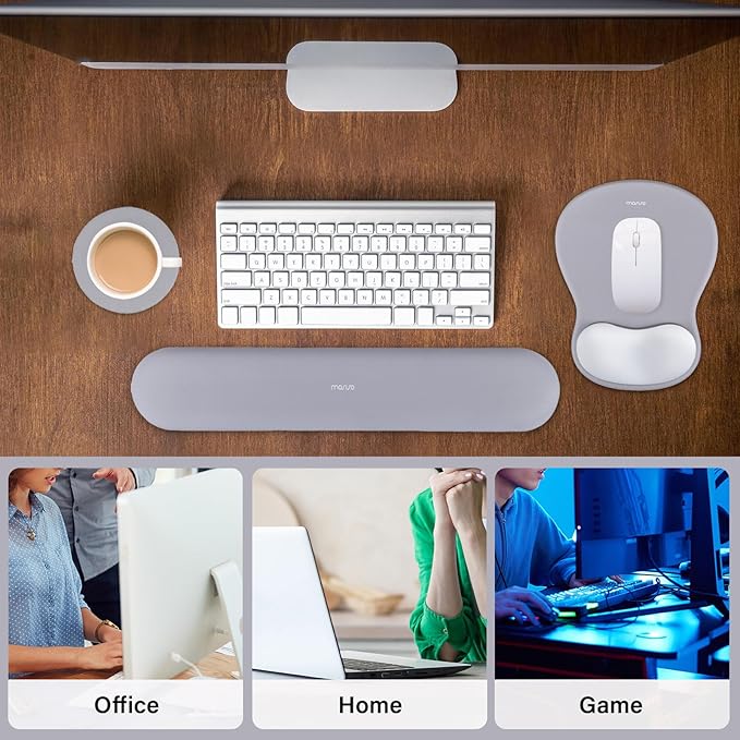 MOSISO Wrist Rest Support for Mouse Pad&Keyboard Set, Curved Ergonomic Mousepad&Coaster Non-Slip Base Home/Office Pain Relief&Easy Typing Cushion with Soft Cloth&Silicone Lining, Gray