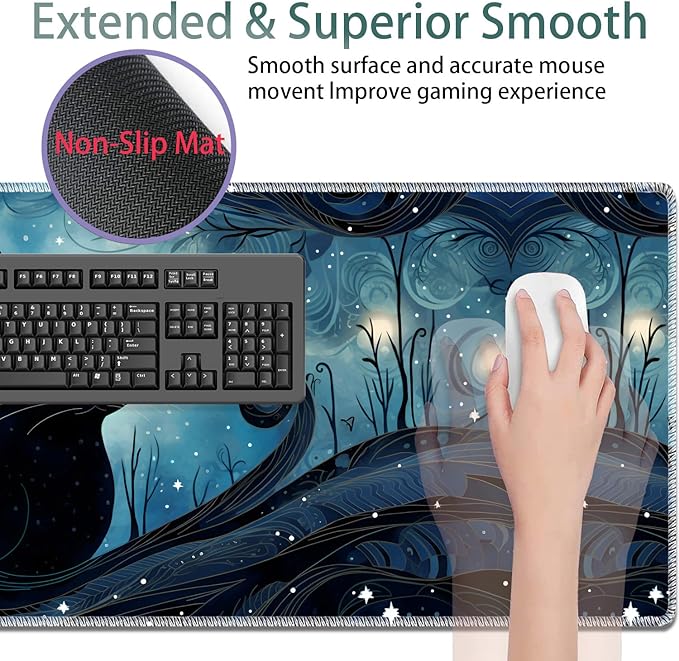 Large Gaming Mouse Pad + Keyboard Wrist Rest + Wrist Support + Coaster Set, Memory Foam Ergonomic for Easy Typing, XXL Extended Gaming Mouse Pad Table Pad - A Cat in The Moonlight