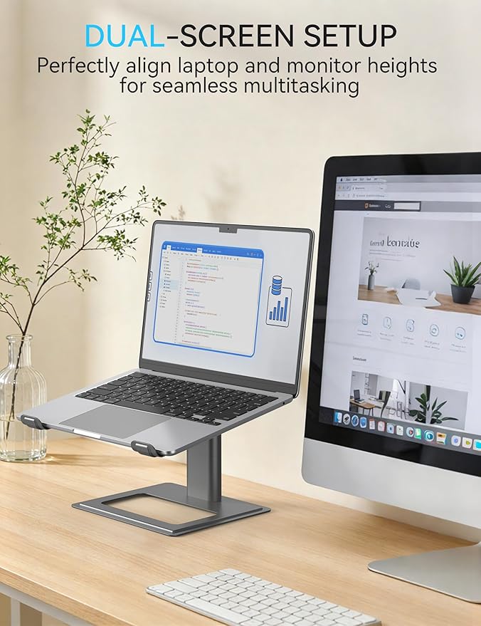SOUNDANCE Adjustable Laptop Stand, Ergonomic Aluminum Riser for 10-17.3” Notebooks, Ventilated Metal Holder with Height Alignment for Desk Workspace, Grey