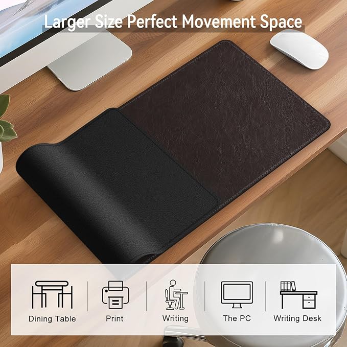 Imitation Crazy Horse Leather Desk Mat - Waterproof Desk Pad - Ideal for Large Mouse Pad and Desk Mats on Top of Desks (deep Coffe+Black, 25"*13")