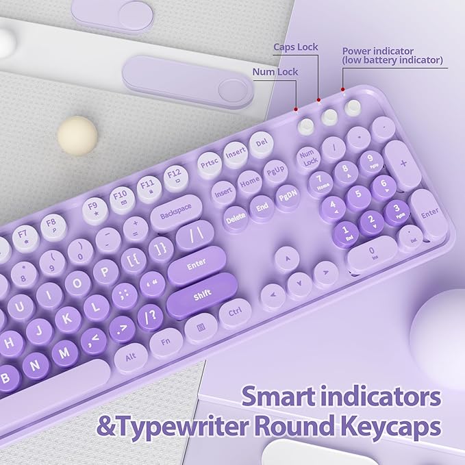 Cute Purple Keyboard and Mouse Combo Wireless, 2.4G Full Size 104-Key Retro Typewriter Keyboards Round Keys for Students Teenagers Home Office PC Laptop(Diary Purple)