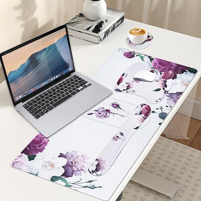 MEGREZ 4-in-1 Ergonomic Memory Foam Wrist Rest Set, Desk Pad, Mouse Pad with Wrist Rest, Keyboard Pad, Suitable for Office Workers, Programmers & Gamers–Relieve Typing & Gaming Fatigue, White